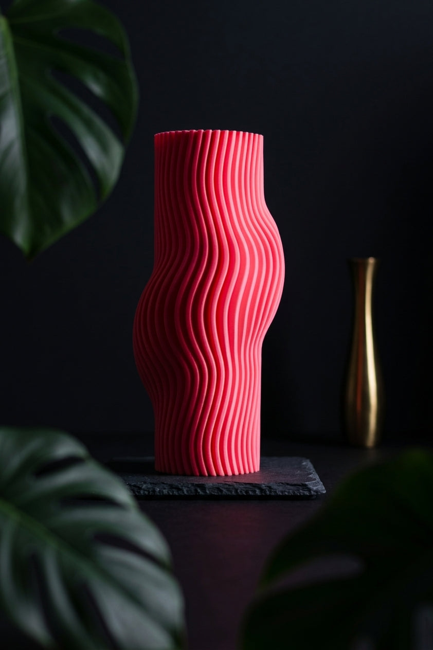 Elegant Ribbed Flow Vase pink on driftwood with pampas grass soft natural bohemian lifestyle