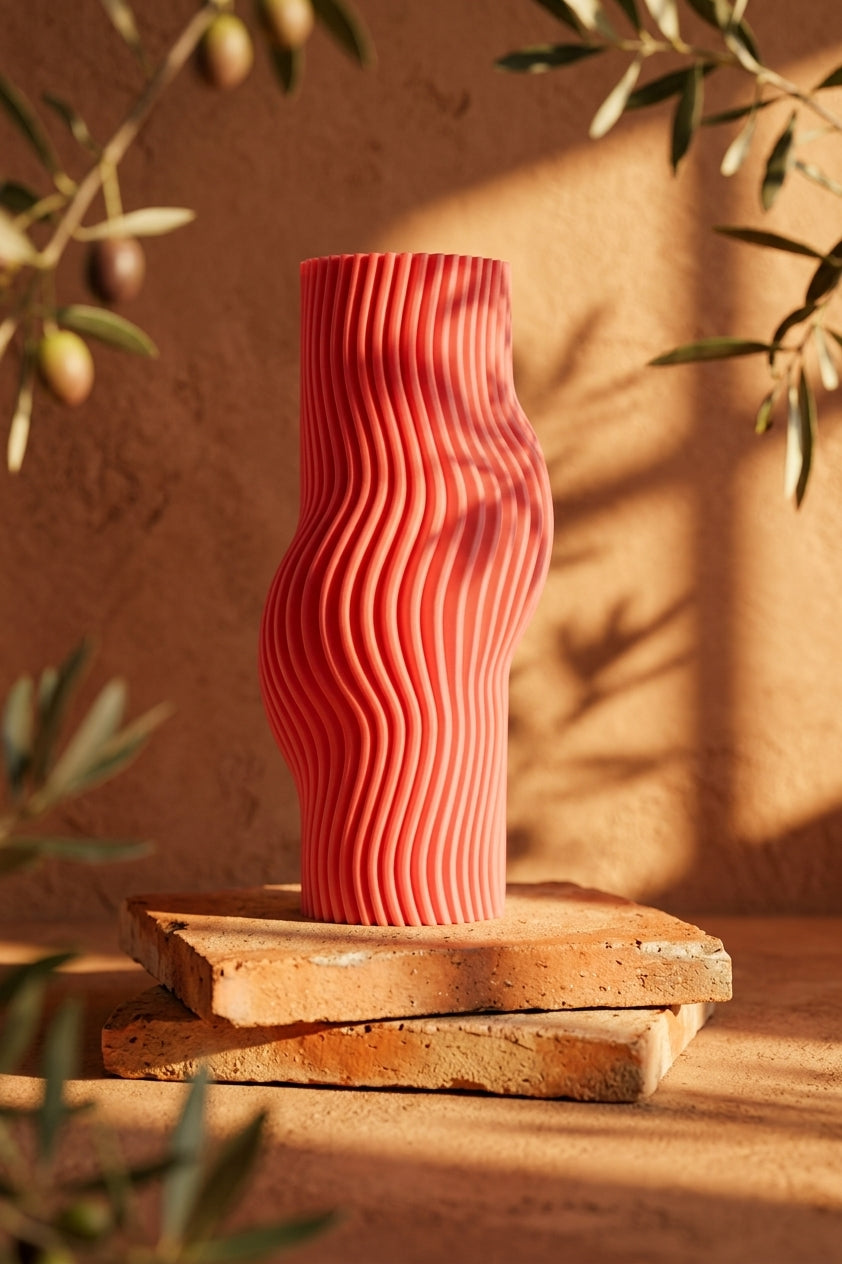 Elegant Ribbed Flow Vase pink side view showing wave ribbed texture detail