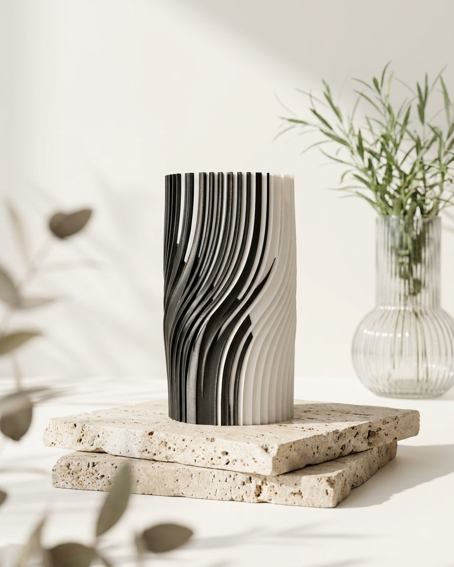 Dual Phase Vase on warm walnut sideboard