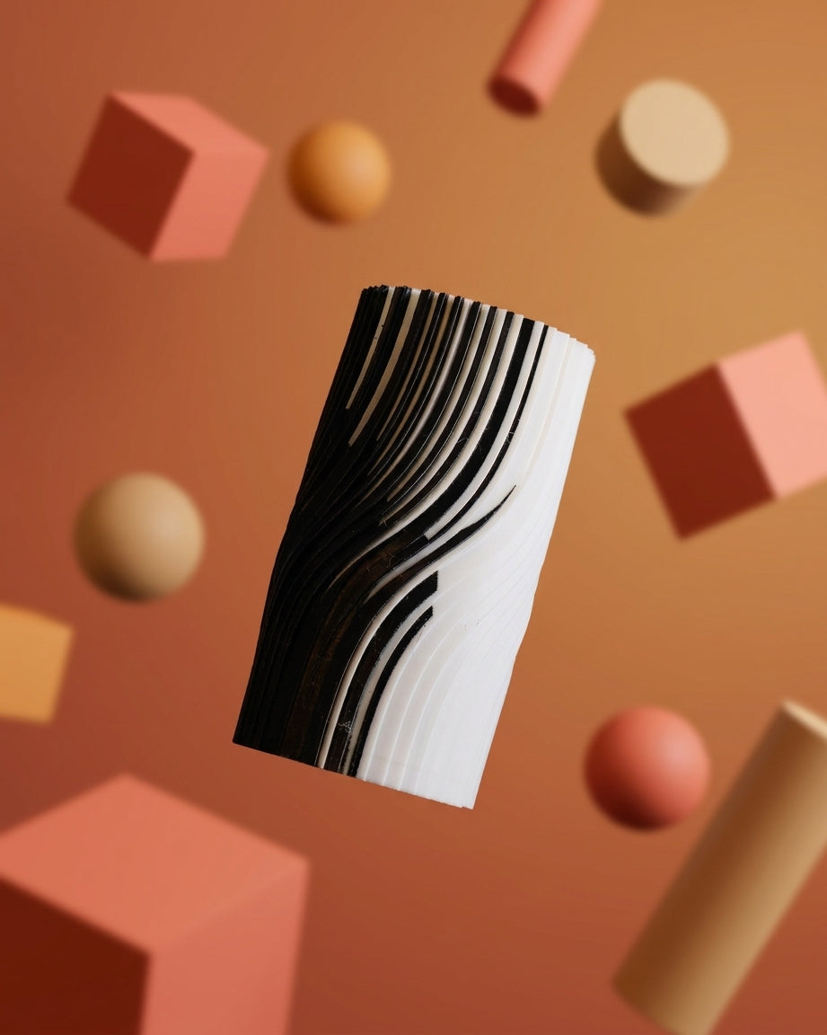 Black and white Dual Phase Vase on oak shelf