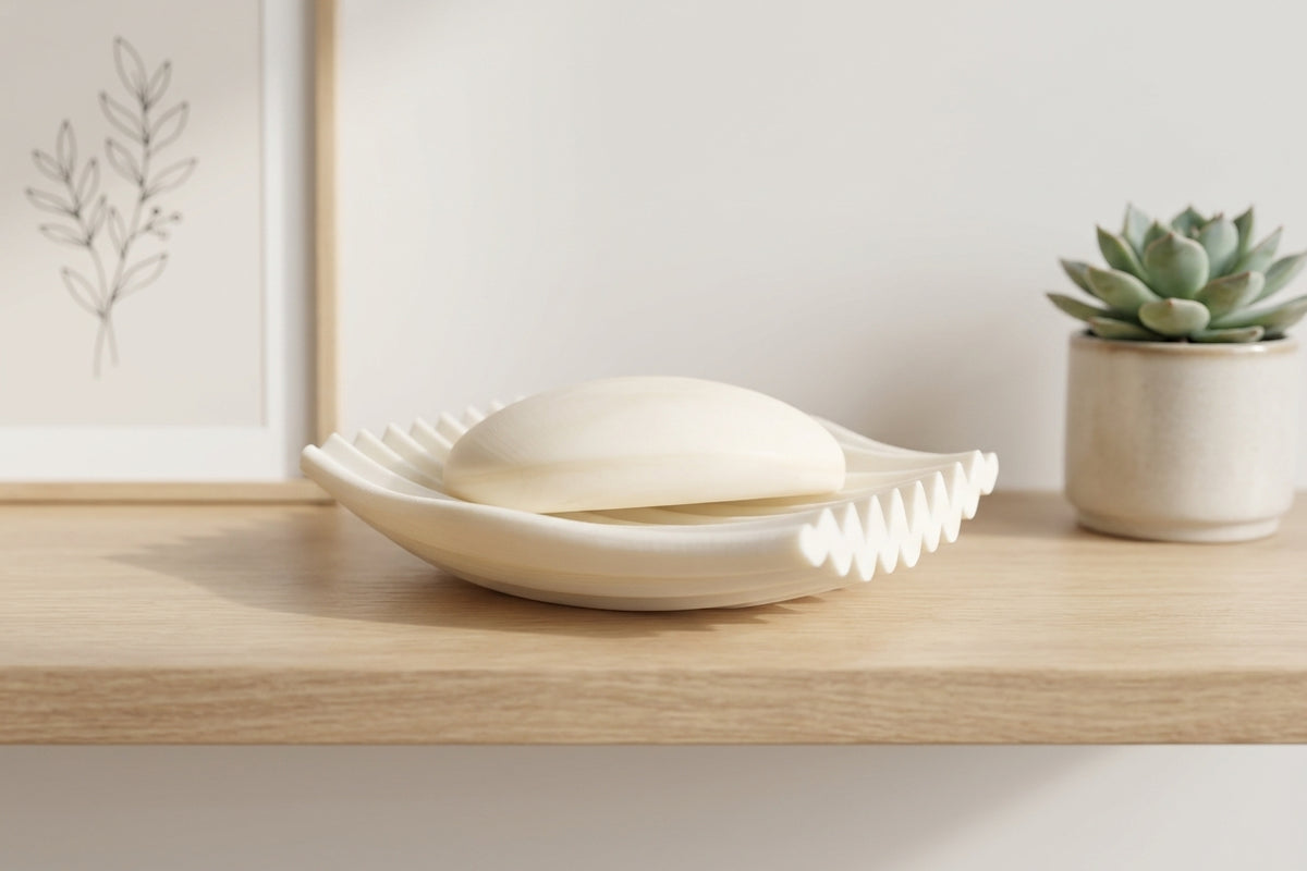 White ripple soap dish render front view showing scalloped edge and oval form