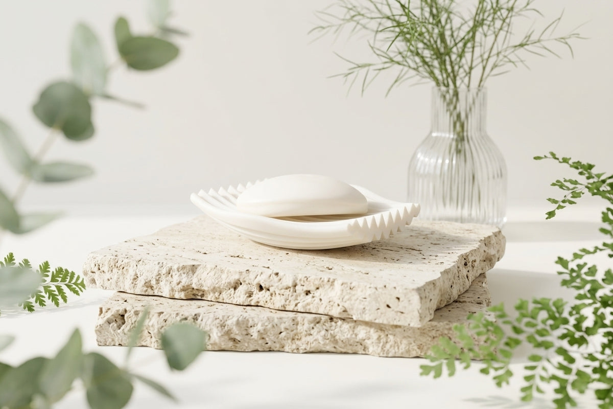 White ripple soap dish render showing ripple drainage channel base detail