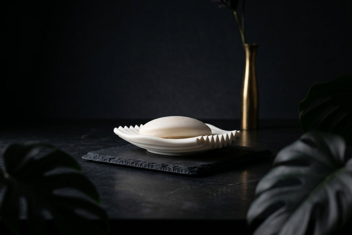 White ripple soap dish render three quarter view showing full scalloped form
