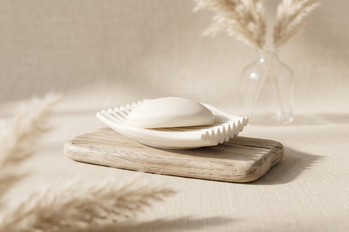 White ripple soap dish render showing exterior scalloped edge close up