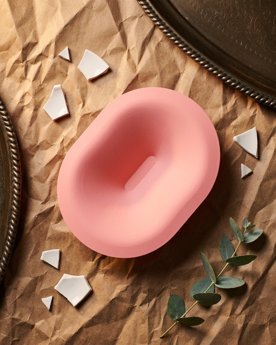 Soft Pill Catch All Bowl pink with pastel geometric shapes editorial flat lay