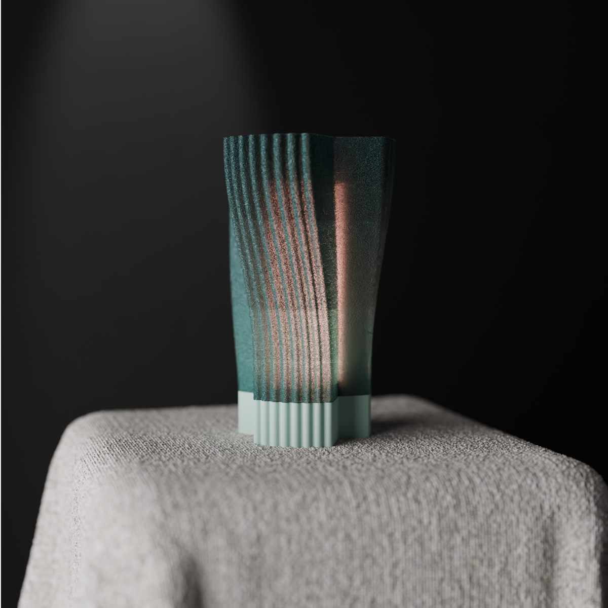 Swirl and Shine Desk Lamp teal side profile render showing twisted rib form and warm inner glow white background