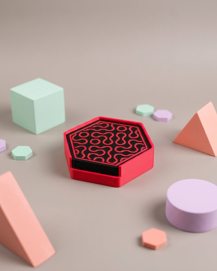 Truchet coaster set on paper and eucalyptus