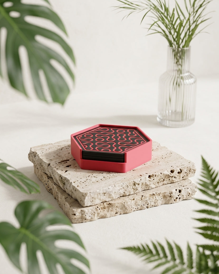 Truchet coaster set on dark tabletop