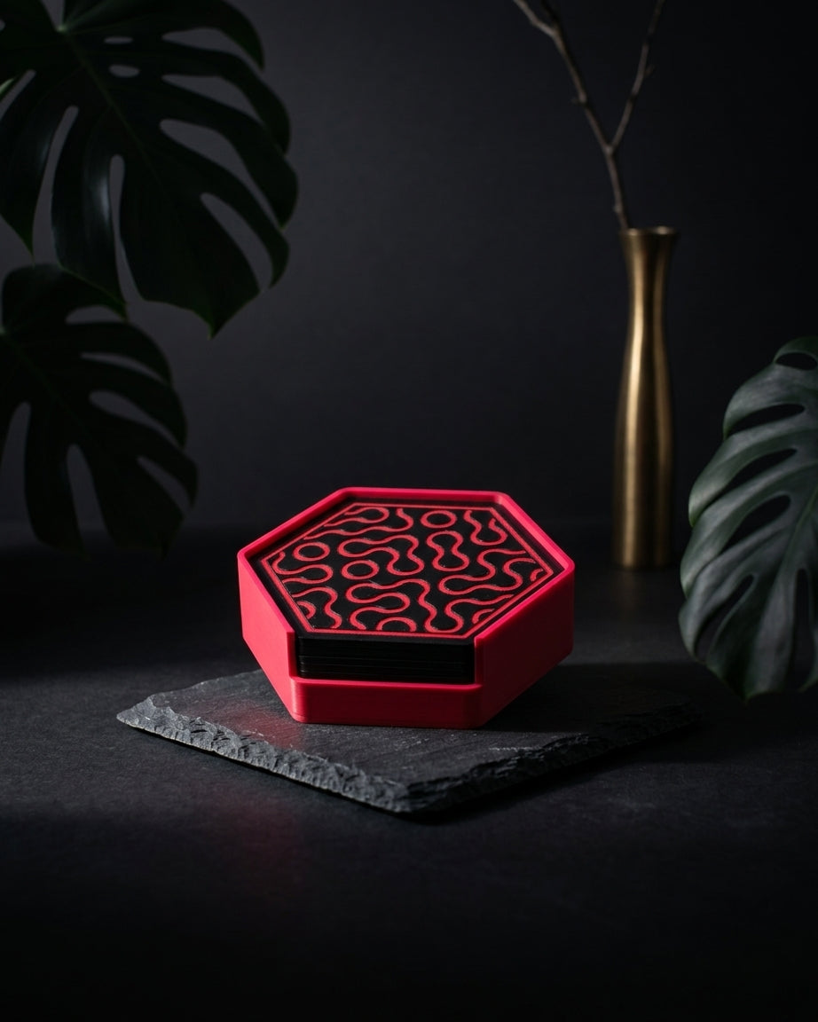 Truchet coaster set on travertine plinth