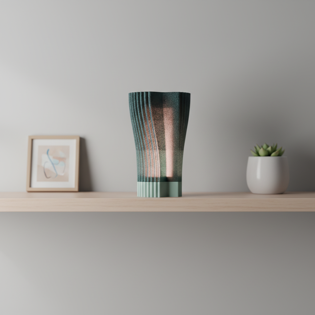 Swirl and Shine Desk Lamp real photo on pale oak shelf with framed art and succulent bright interior lifestyle