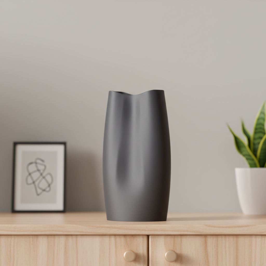 Modern Minimalist Vase version one render showing full twisted form and dipped rim white background