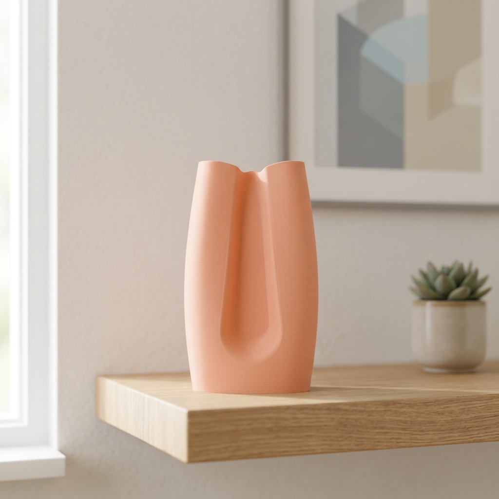 Modern Curved Minimalist Vase peach lifestyle shot on wooden shelf beside succulent and framed art