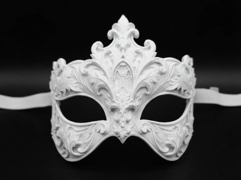 White ornate Baroque masquerade mask reference photo; strap shown is not included