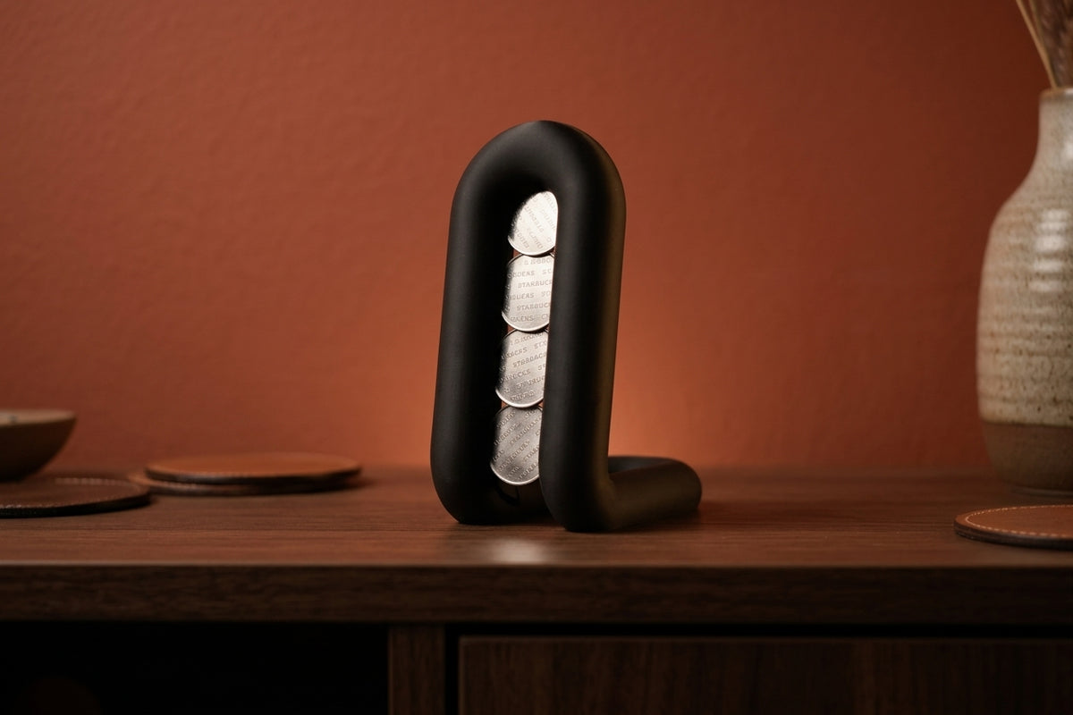Wibble coffee pod holder render side view showing depth of undulating arch