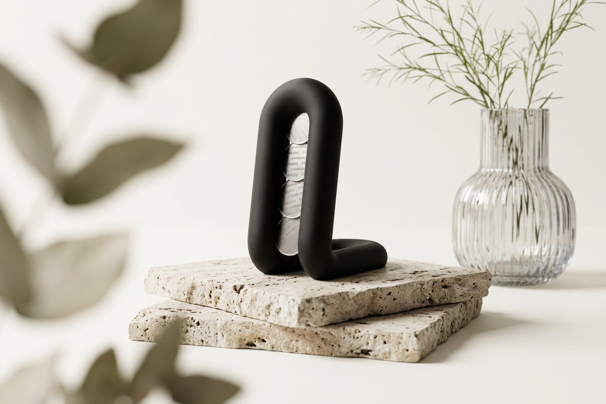 Wibble coffee pod holder render showing smooth tube arch close up detail
