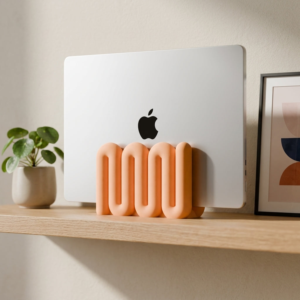 Wibble Vertical Laptop Stand - render lifestyle beige orange black with MacBook