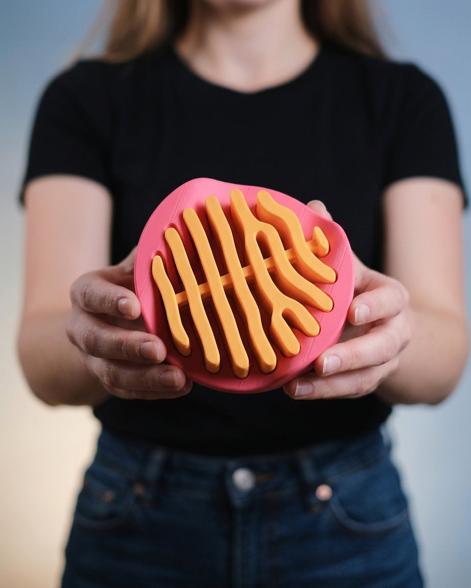 Orange coaster nested in pink stand held in hand
