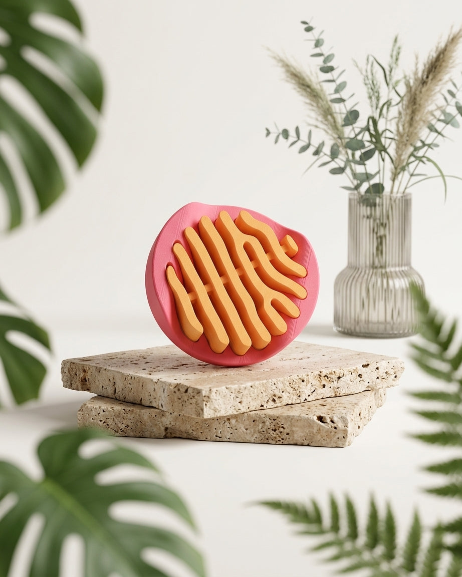 Pink coaster holder with orange coasters shown in profile