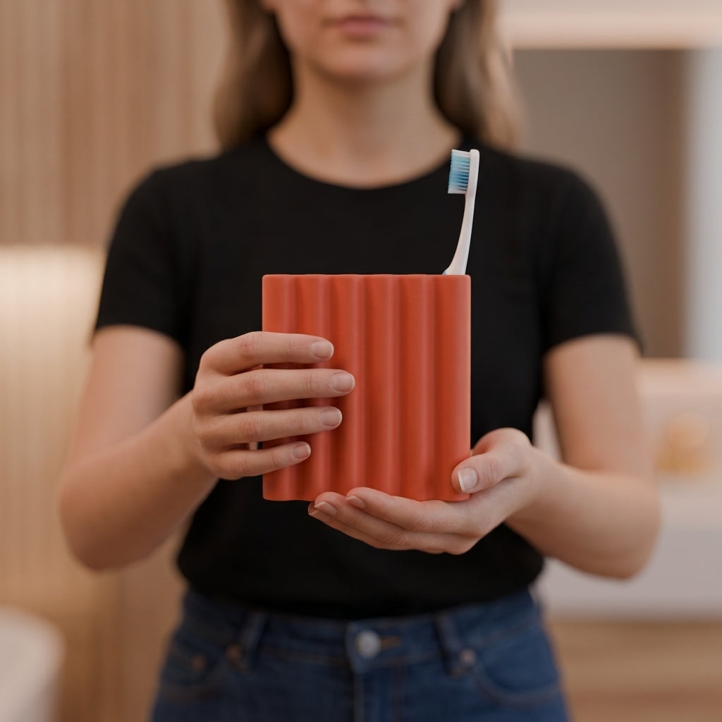 Wibble Toothbrush Holder terracotta on kraft paper with ceramics