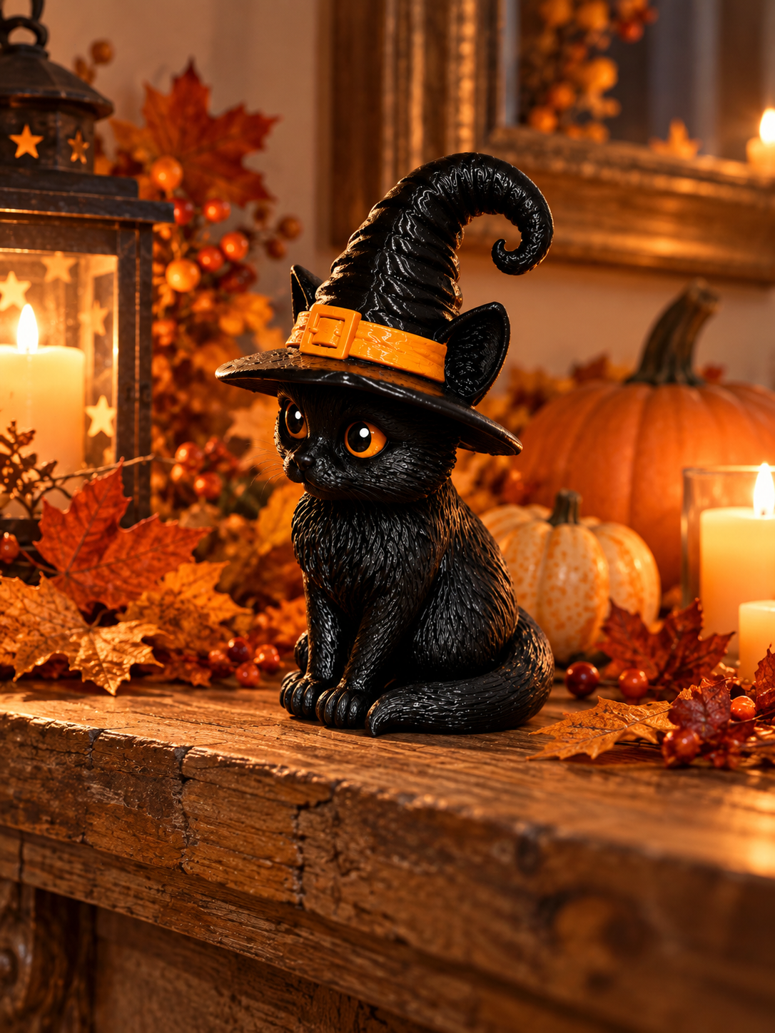 Witch Cat decorative figure styled with autumn décor
