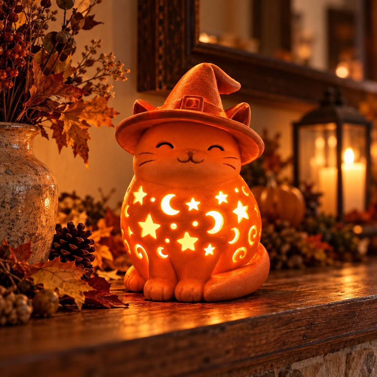 Glowing orange witch-hat cat lantern on a rainy windowsill with warm indoor light