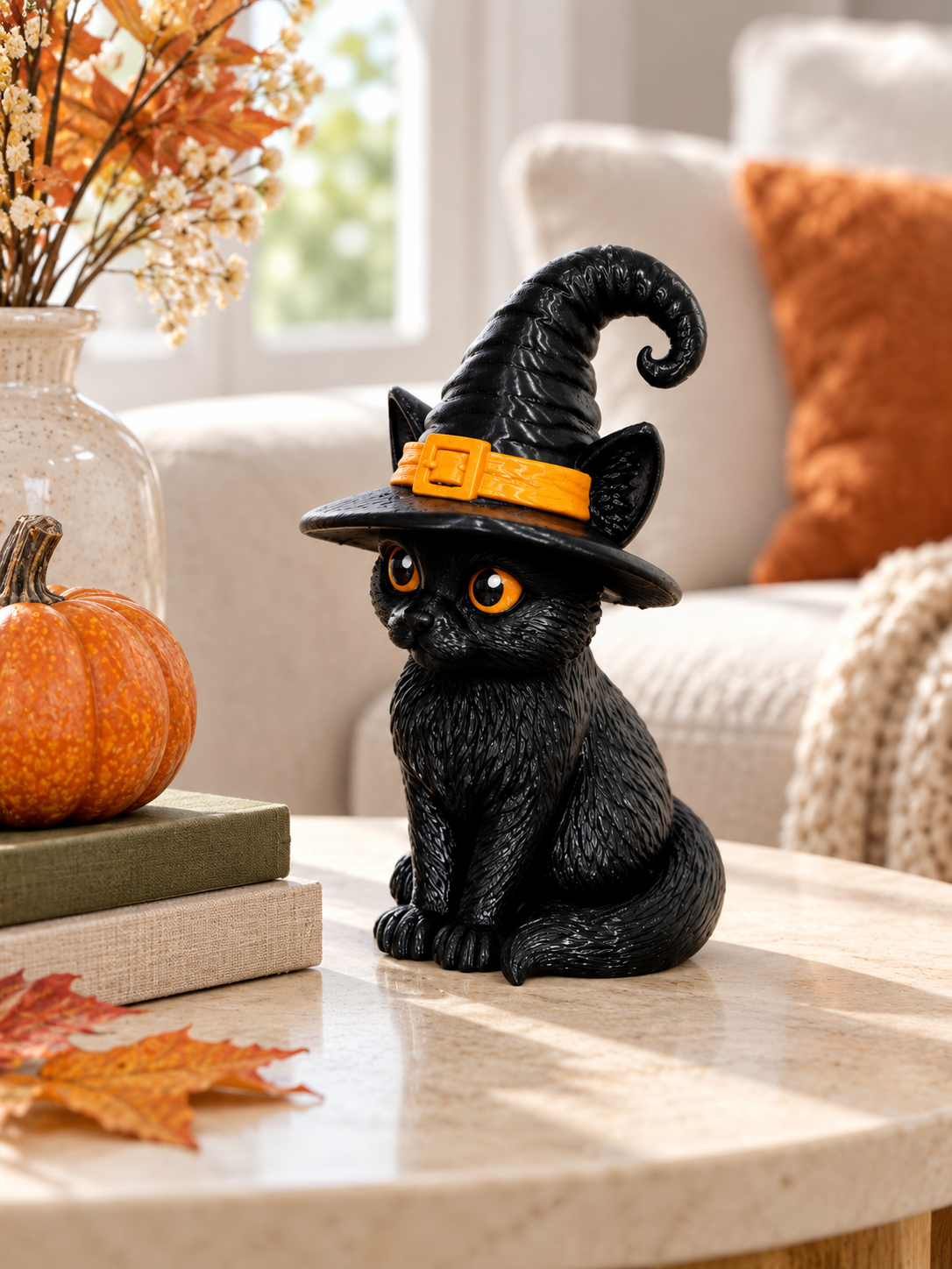 Witch Cat decorative figure displayed with pumpkins and autumn flowers
