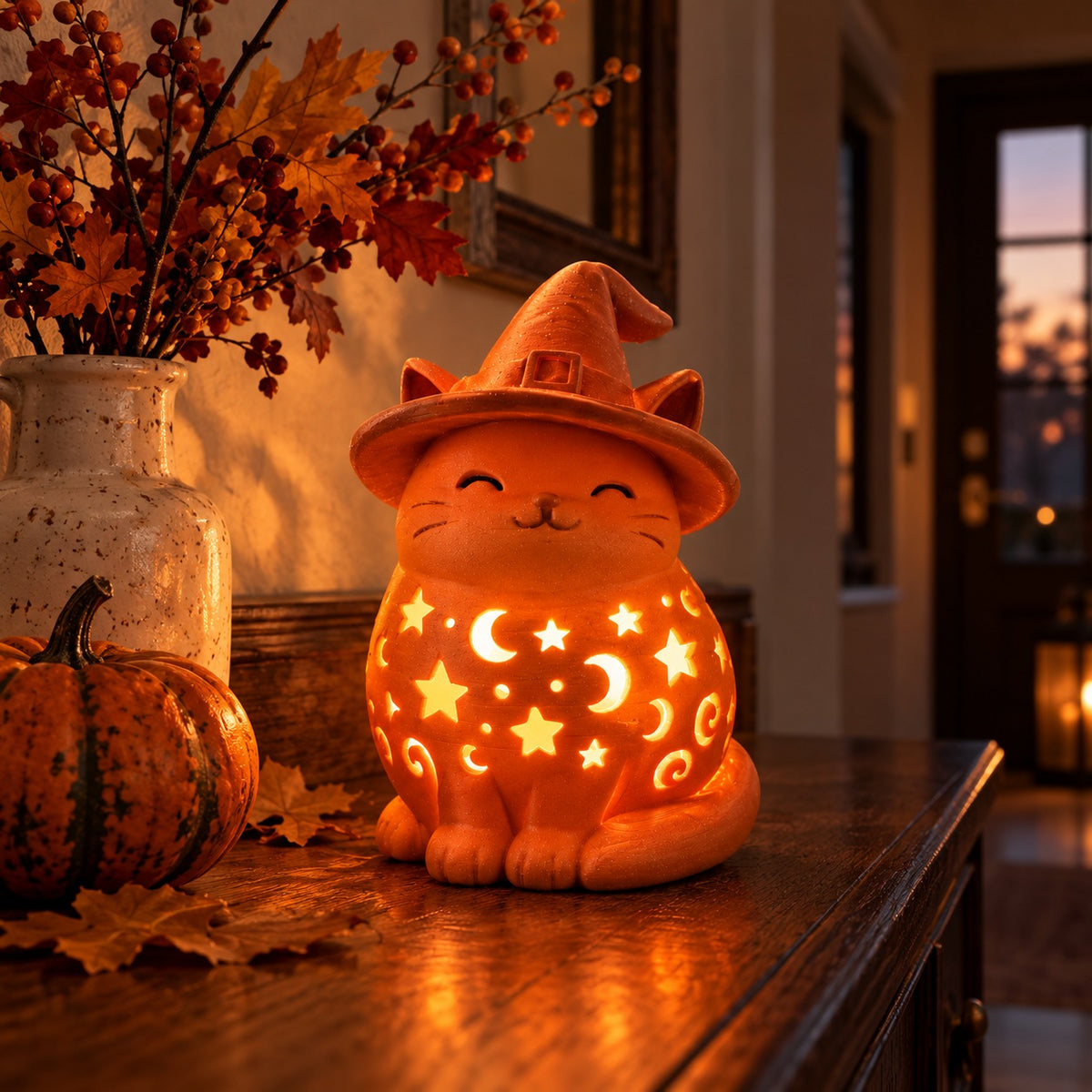 Orange witch-hat cat lantern glowing on a bookshelf with autumn leaves and a pumpkin