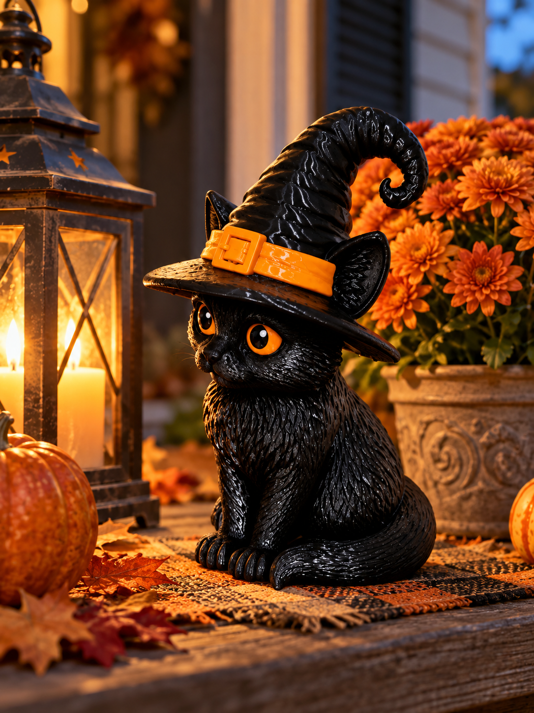 Witch Cat decorative figure styled on a desk with autumn accents