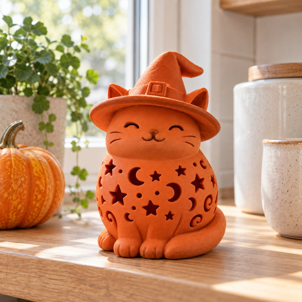 Orange witch-cat lantern on a sunlit table beside a pumpkin and green plant