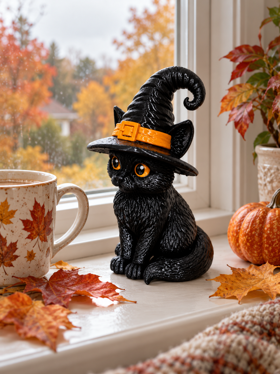 Witch Cat decorative figure displayed beside a lantern and autumn flowers