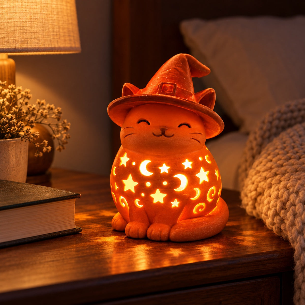 Witch-hat cat lantern displayed on a white console with a ghost, pumpkin and seasonal decor