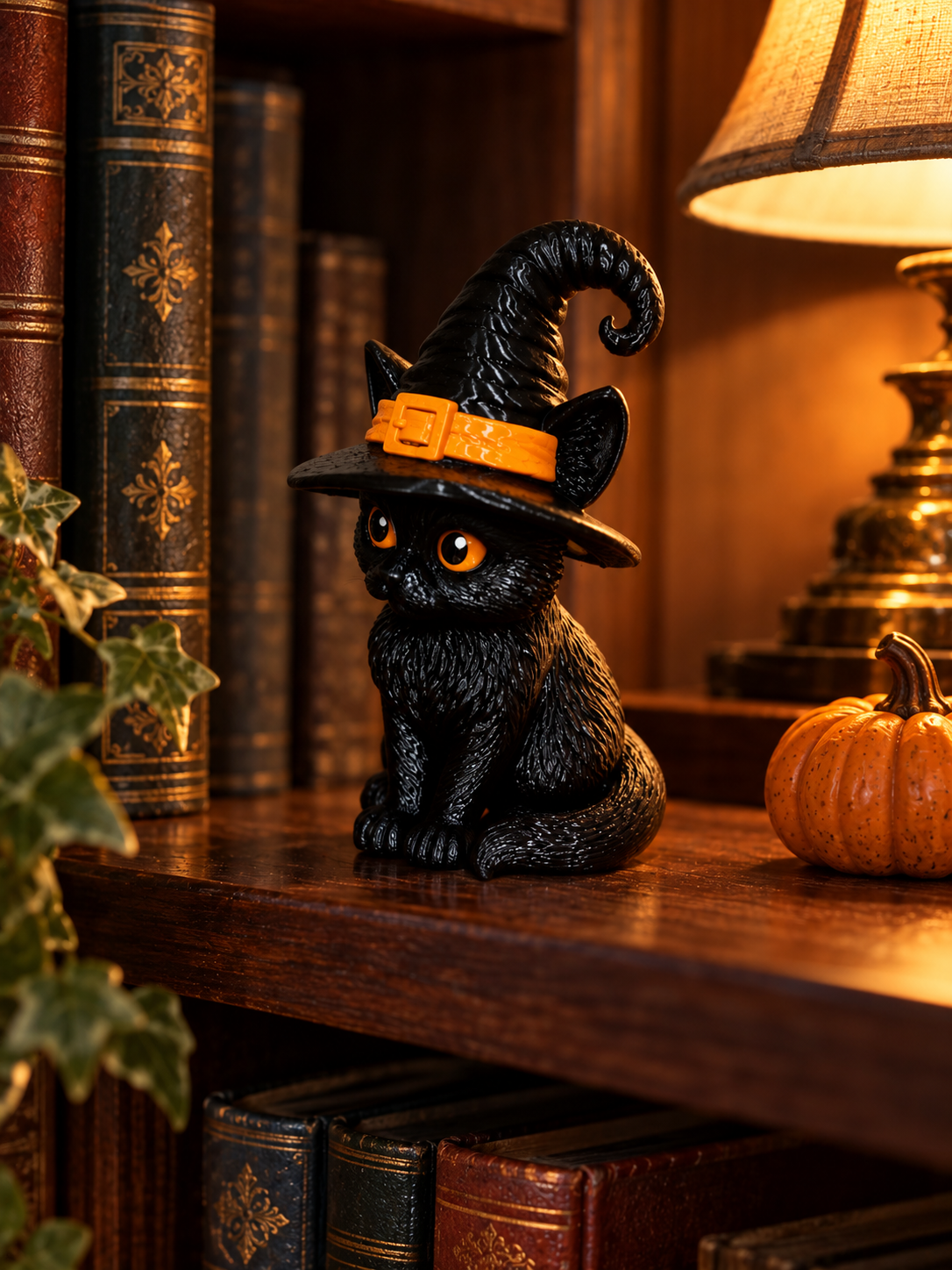 Witch Cat decorative figure in a warm Halloween table setting