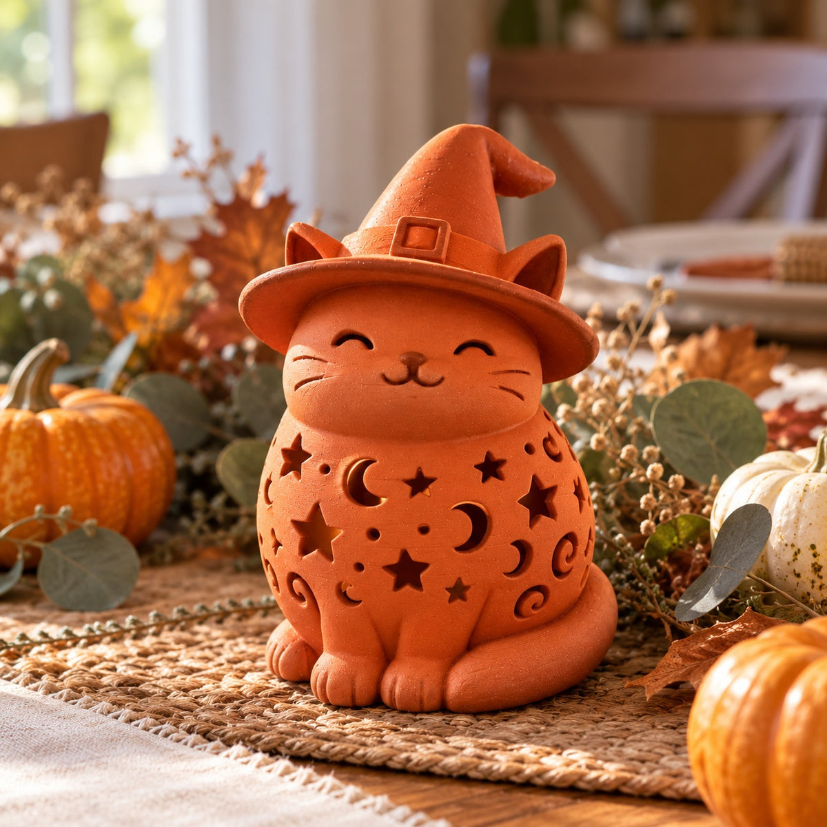 Glowing orange witch-cat lantern beside an armchair and knitted throw in a cosy room