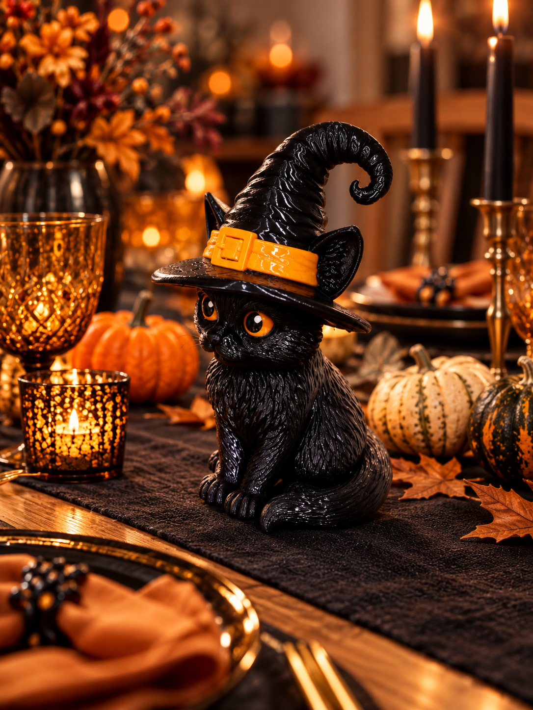 Witch Cat decorative figure displayed on a bookshelf