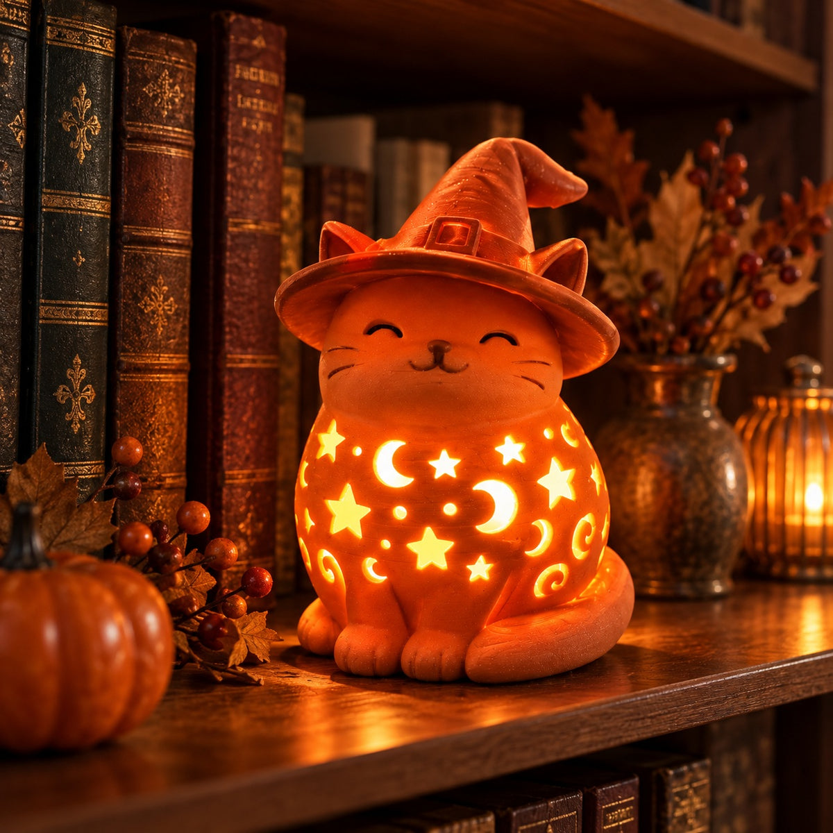 Orange cat lantern with a witch hat glowing beside pumpkins and autumn foliage