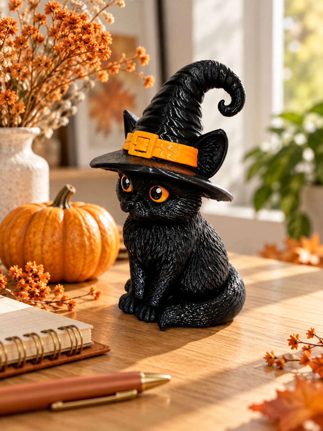 Witch Cat decorative figure displayed beside a window with autumn leaves