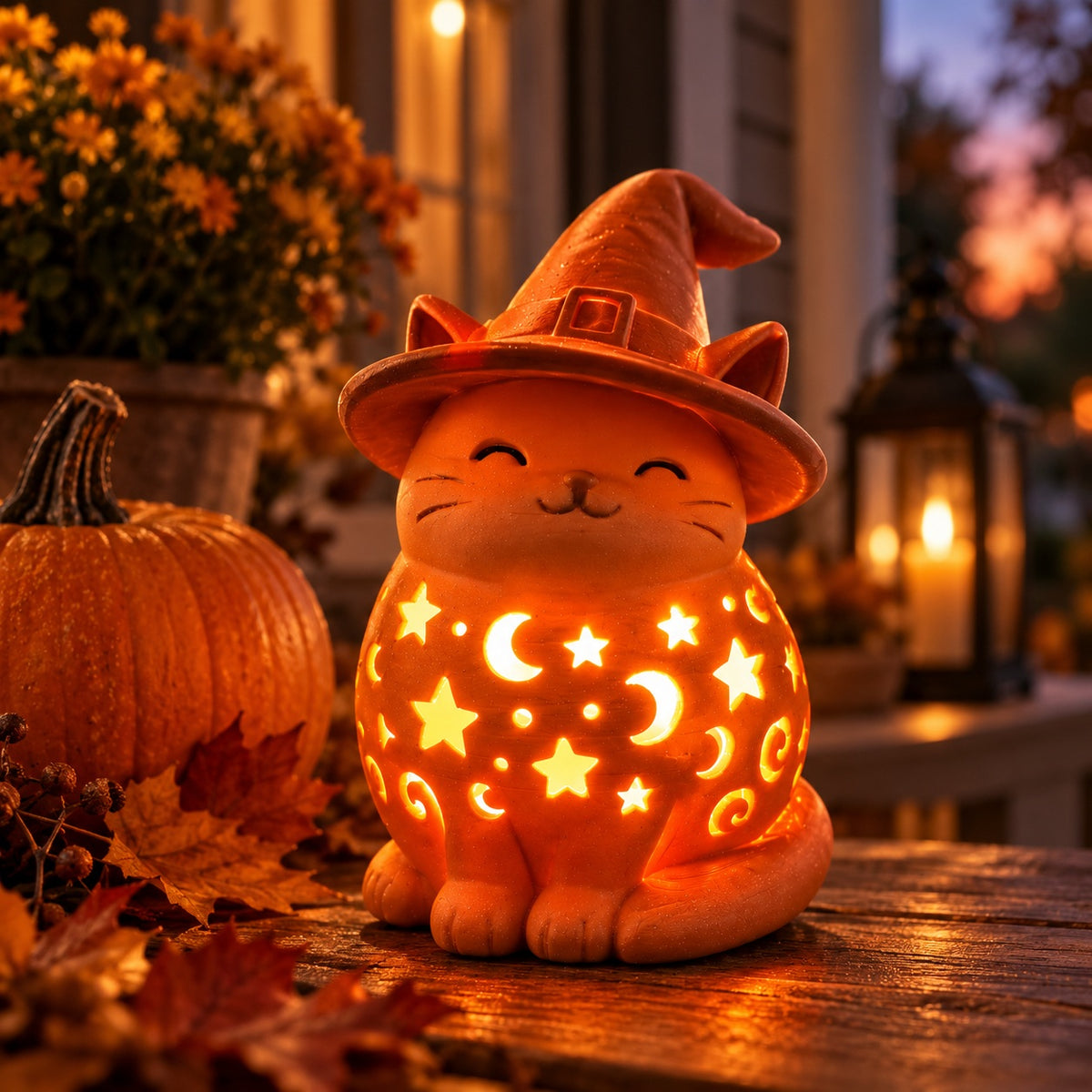 Witches cat lantern on a rustic shelf with books, pumpkins and fall foliage