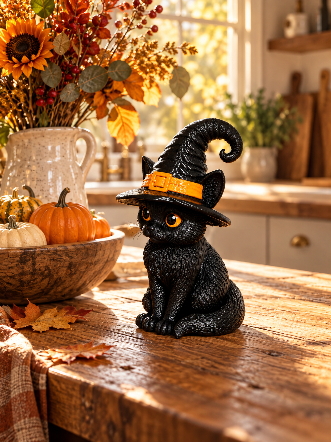 Witch Cat decorative figure styled with pumpkins, leaves and candlelight