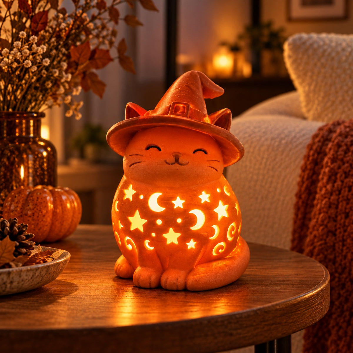 Glowing orange witch-hat cat lantern beside autumn leaves and pumpkins in a warm interior