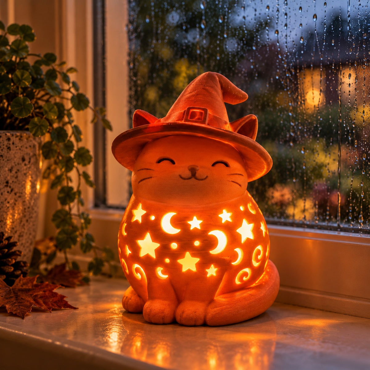 Orange witch-cat lantern glowing on a covered porch table with pumpkins at dusk