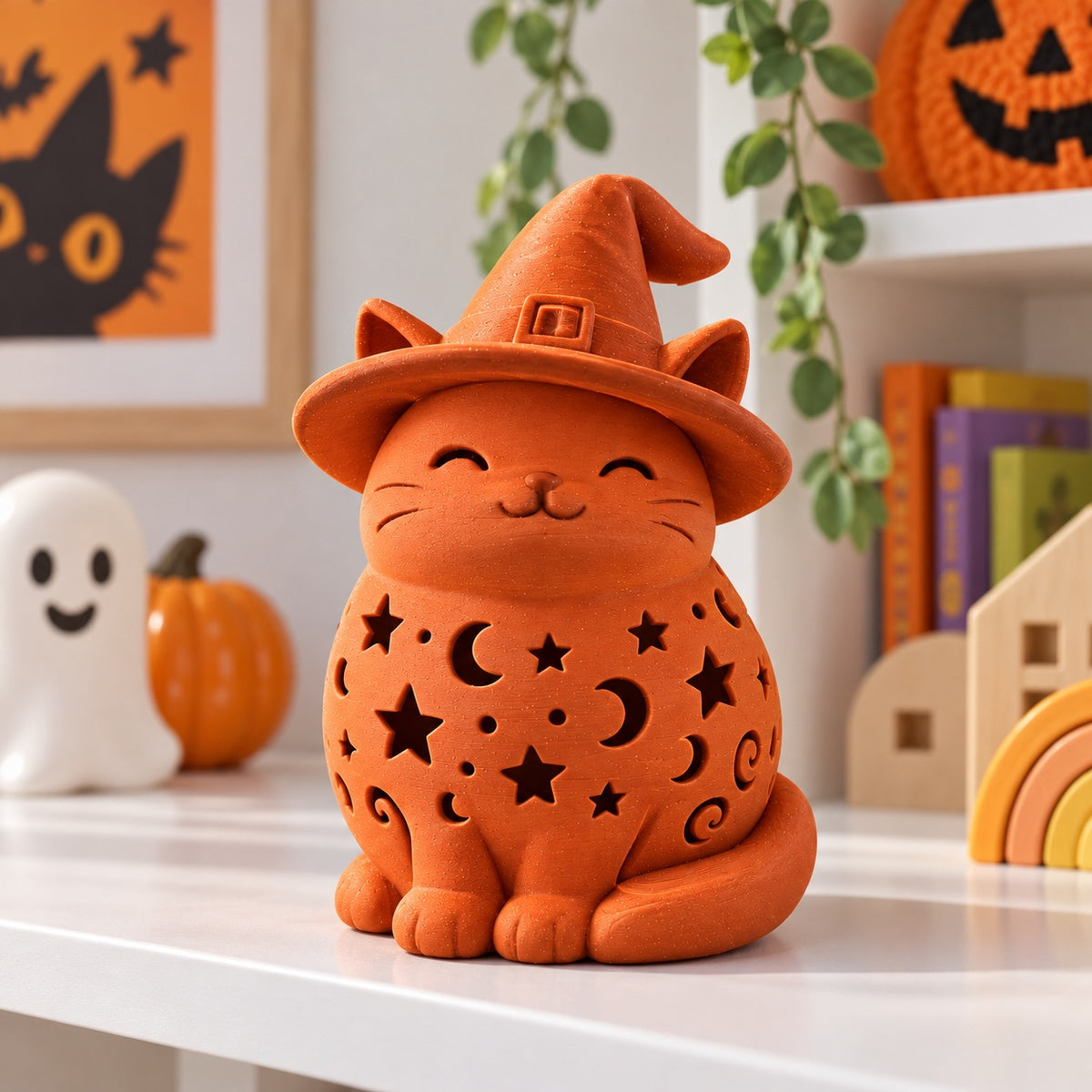 Orange cat lantern wearing a witch hat on a coffee table with seasonal autumn decor